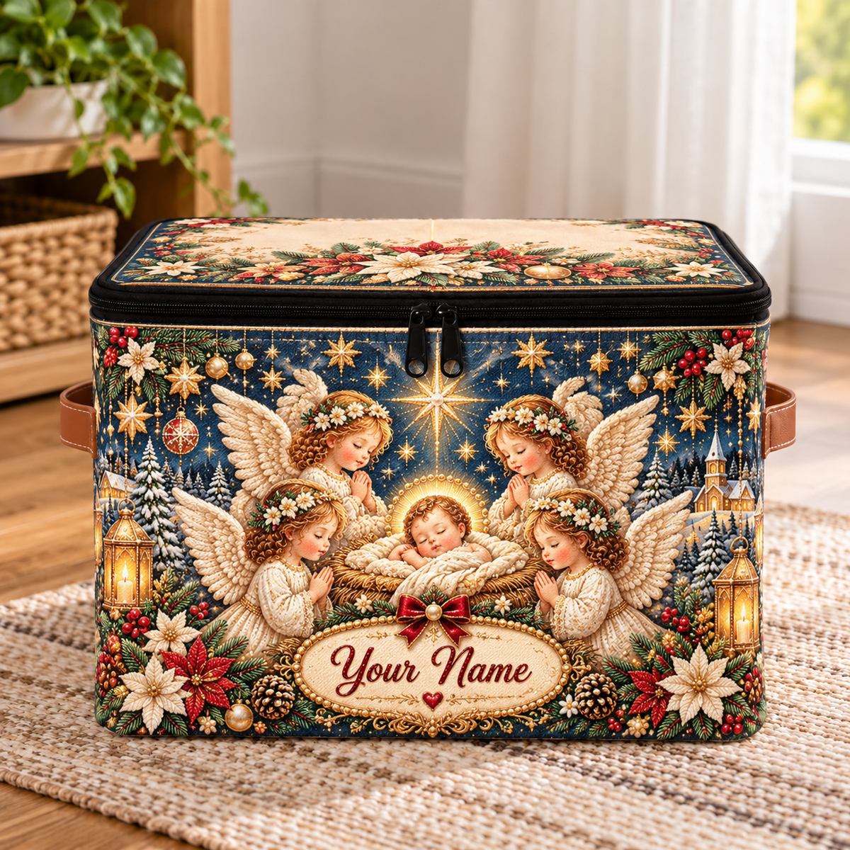 Personalized Winter Floral Square Storage Basket With Lid