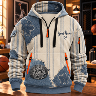 Personalized Sleeping Cat Patchwork Half-Zip Hoodie