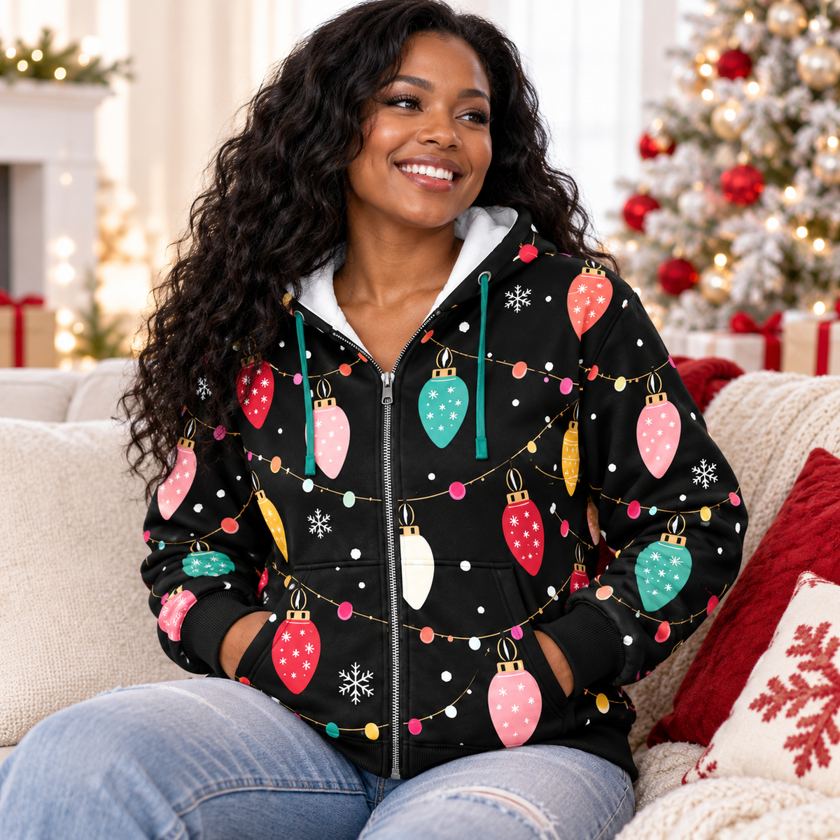 Personalized Colorful Holiday Lights Zip Hoodie