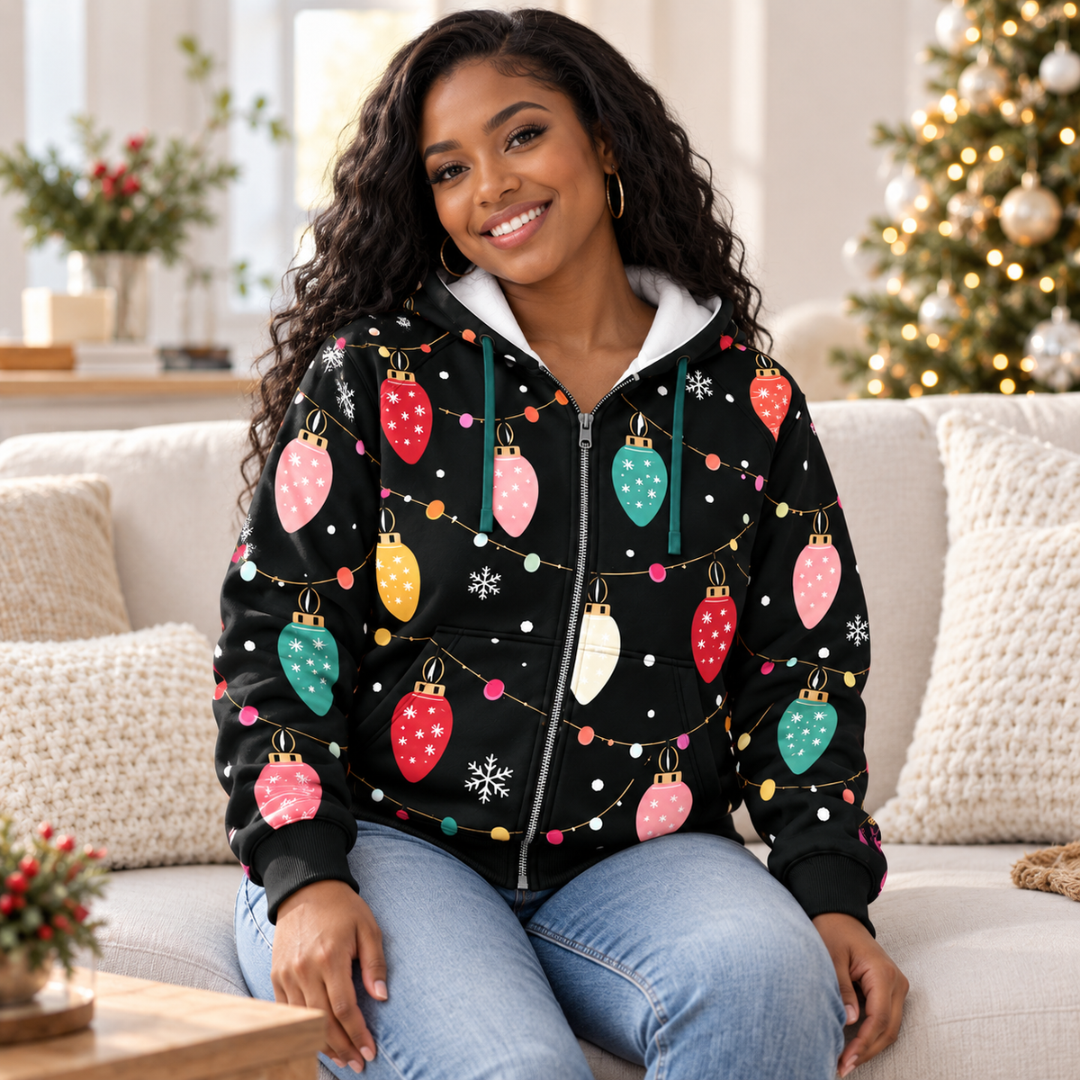 Personalized Colorful Holiday Lights Zip Hoodie
