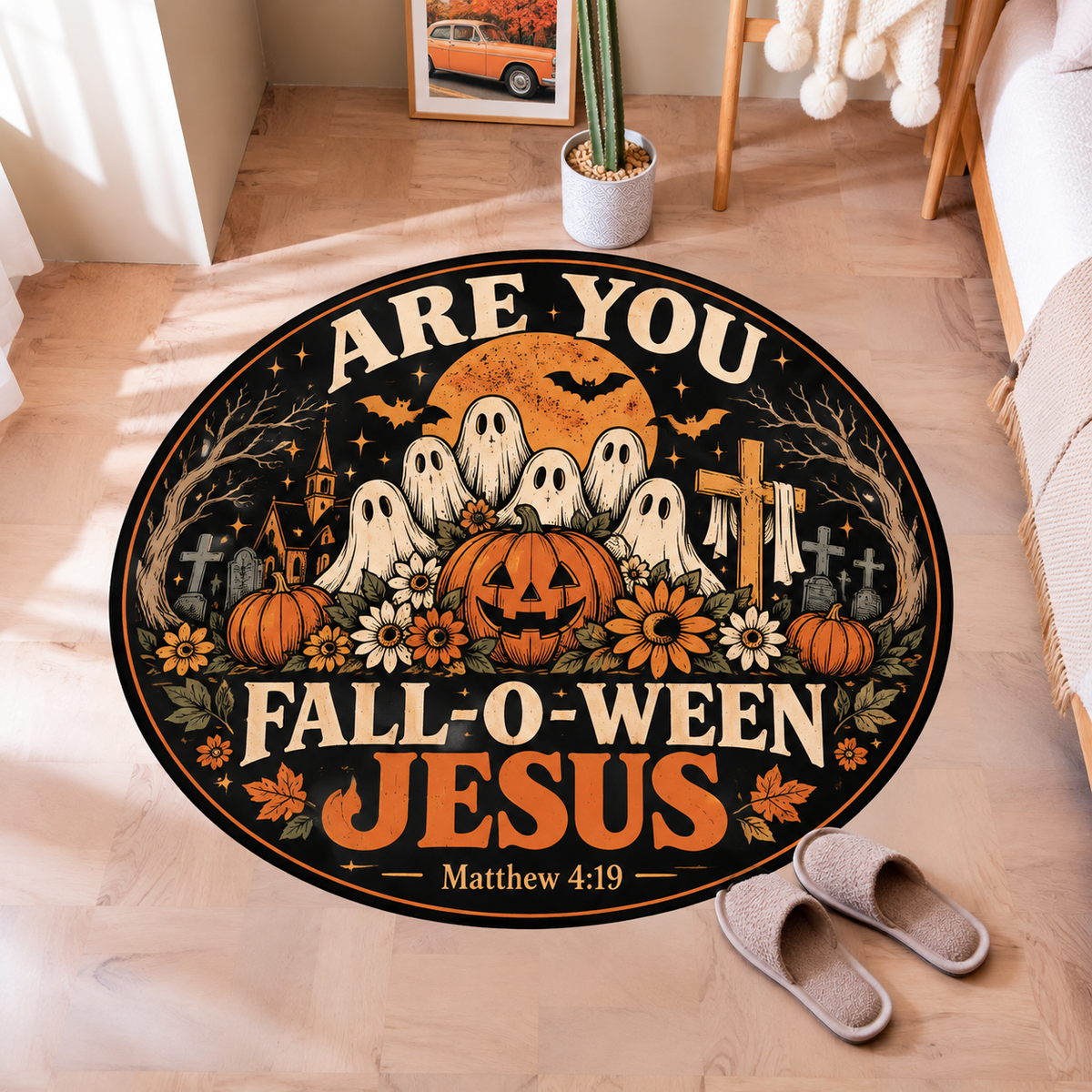Fall-O-Ween Jesus Ghost Halloween Round Rug