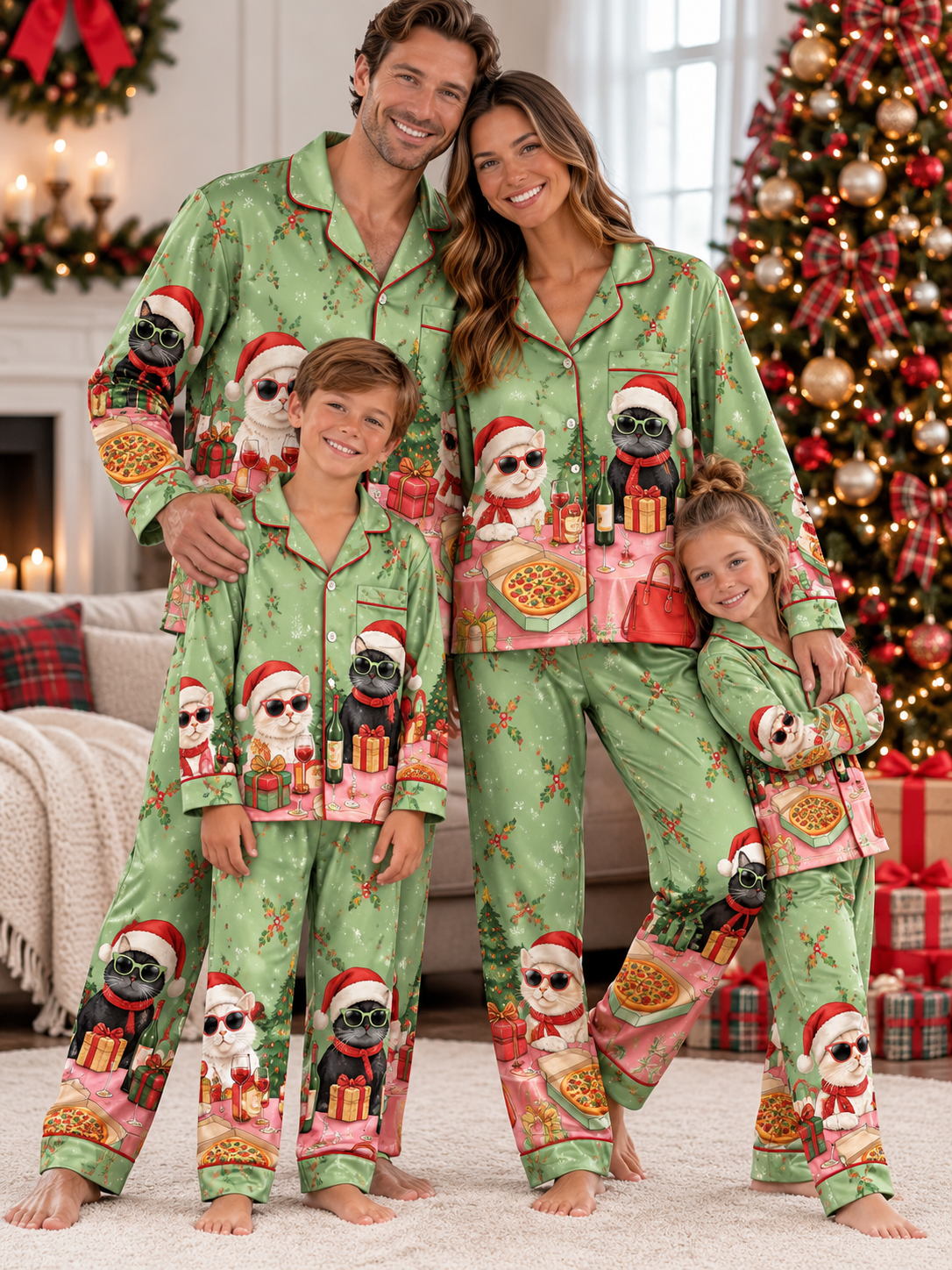 Santa Cats and Pizza Family Ice Silk Pajamas
