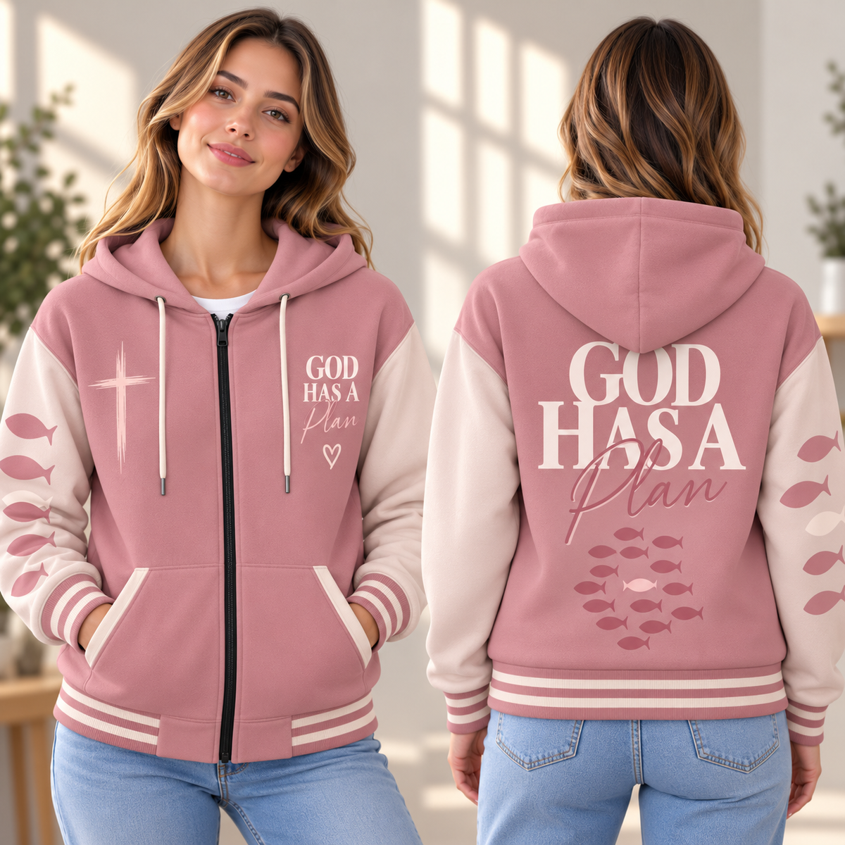 Dusty Rose Fish Zip-up Baseball Jacket