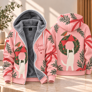 White Cat Christmas Wreath Personalized Fleece Jacket