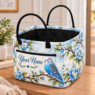 Personalized Blue Budgie Floral Quilted Storage Basket