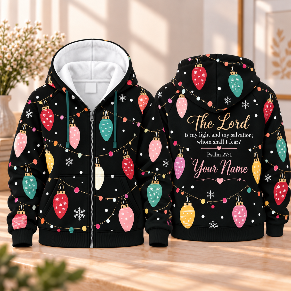 Personalized Colorful Holiday Lights Zip Hoodie