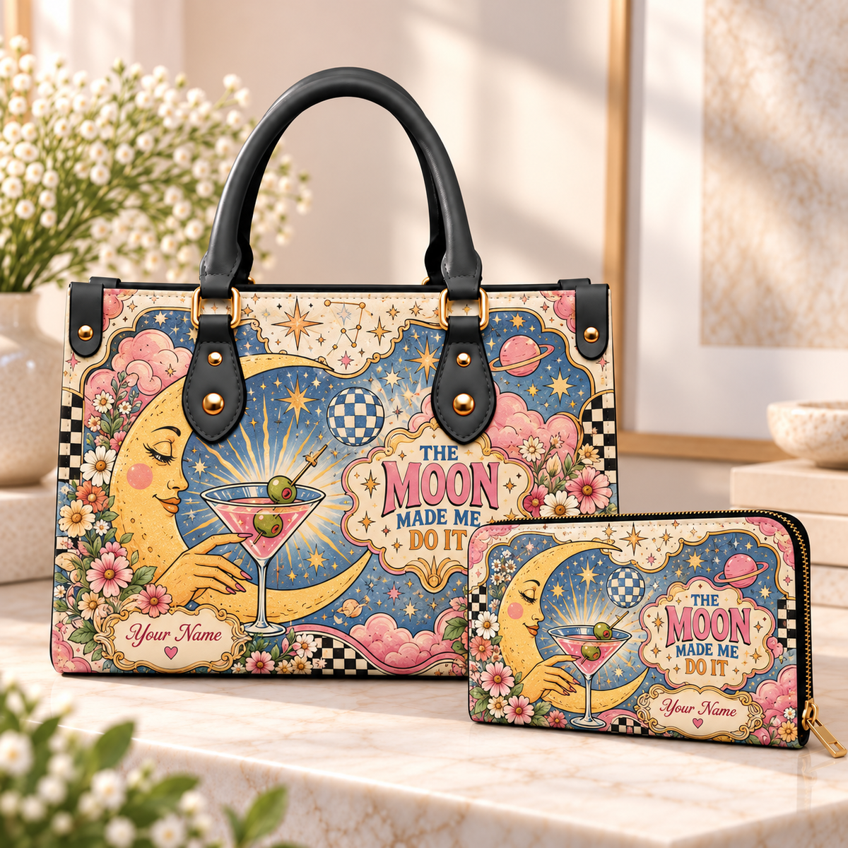 Personalized The Moon Made Me Do It PU Leather Handbag & Leather Long Wallet