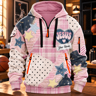 Personalized Pink Star Patchwork Half-Zip Hoodie
