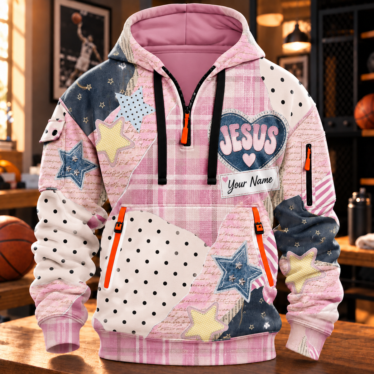 Personalized Pink Star Patchwork Half-Zip Hoodie