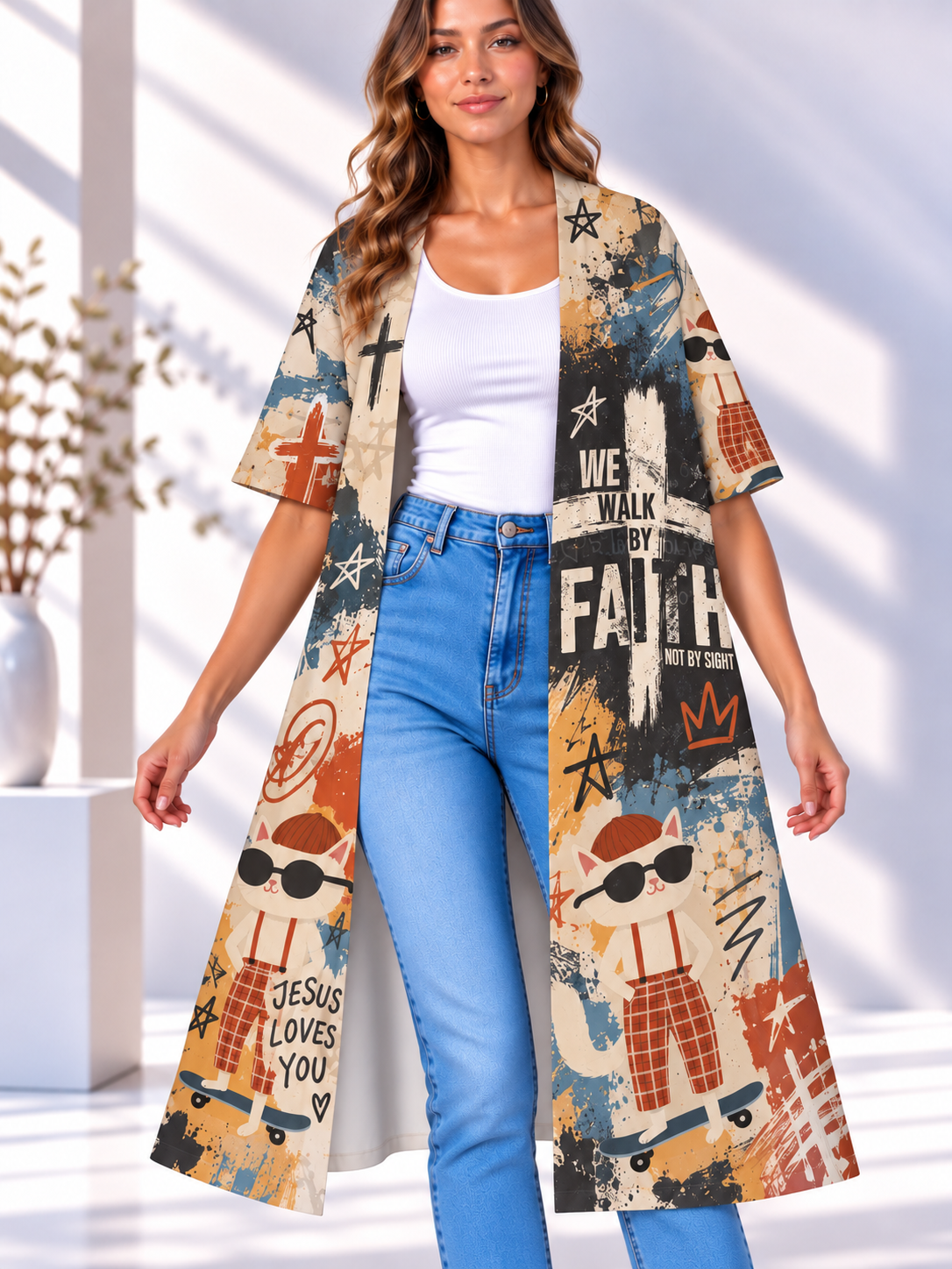 Walk by Faith Skateboard Cat Women's Short-Sleeved Cape