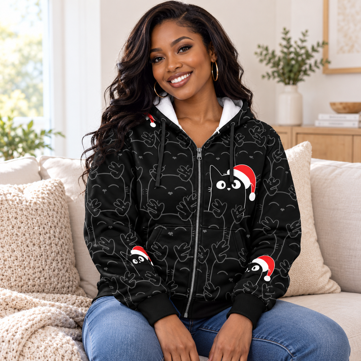 Personalized Santa Hat Black Cat Zip Hoodie