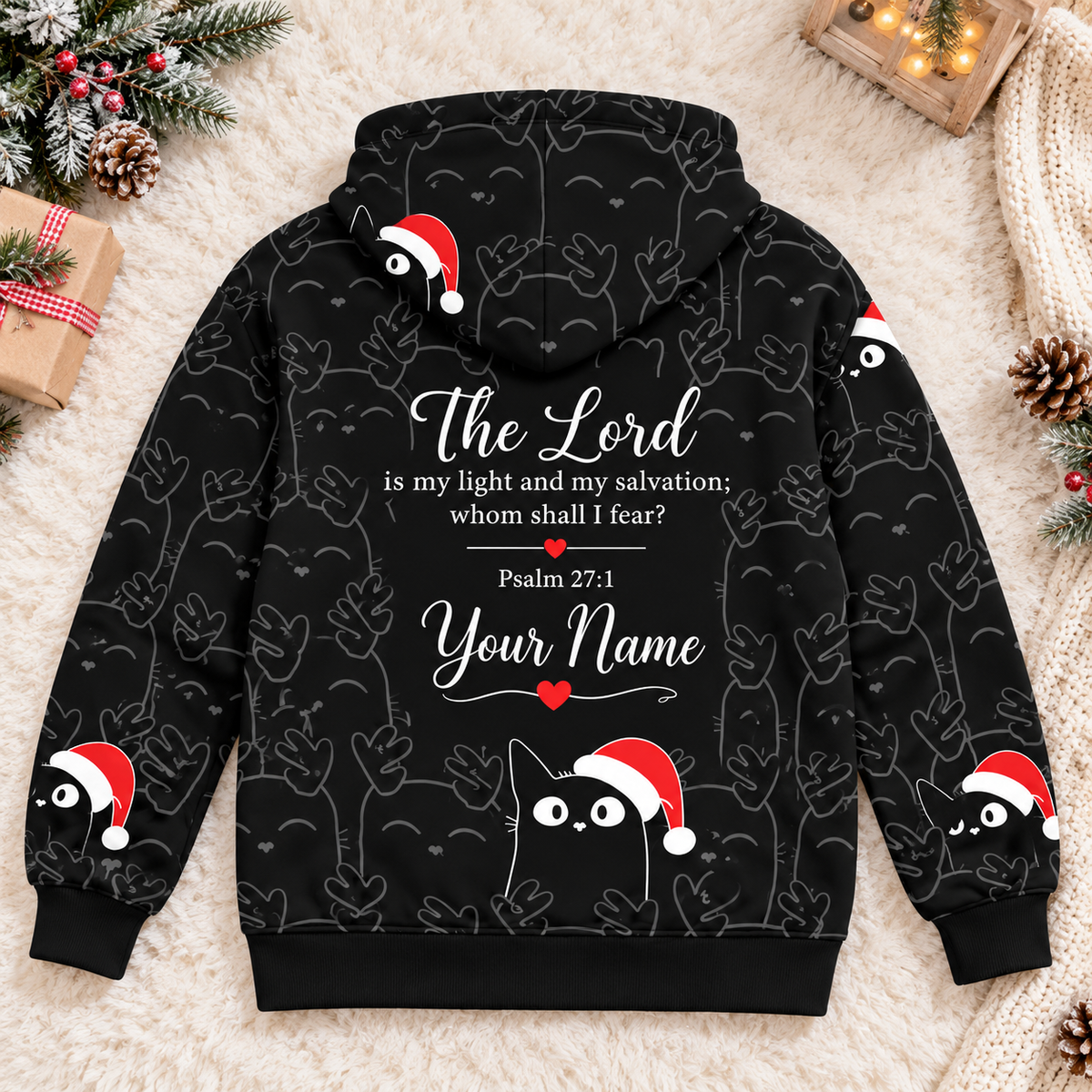 Personalized Santa Hat Black Cat Zip Hoodie