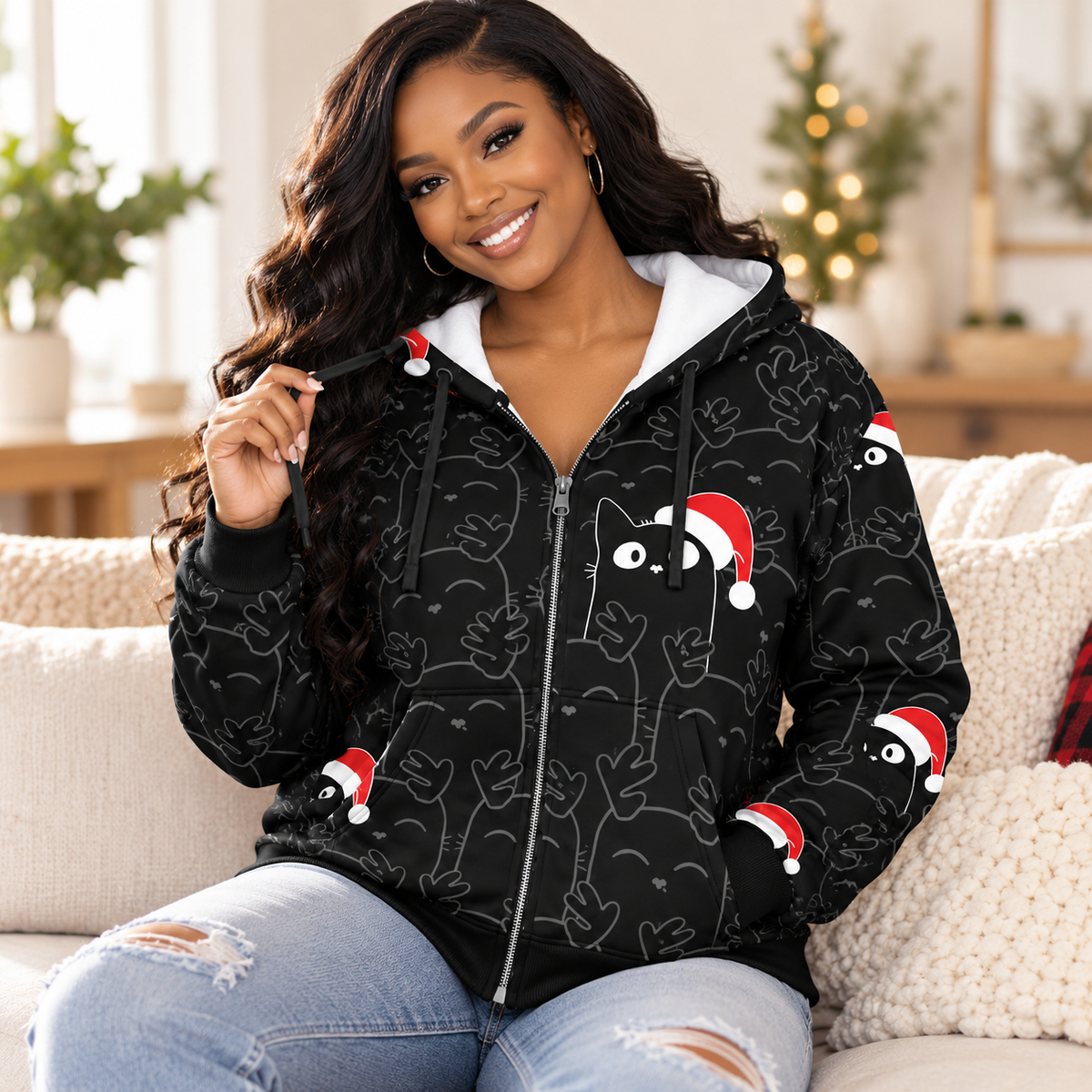 Personalized Santa Hat Black Cat Zip Hoodie