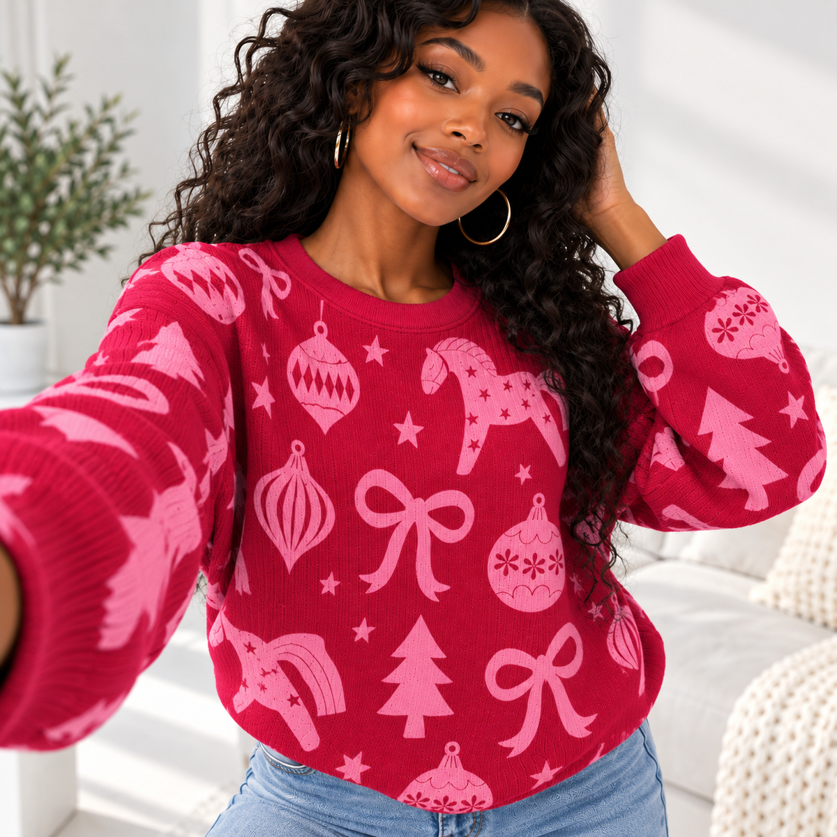 Pink Dala Horse Ornaments Waffle Sweatshirt