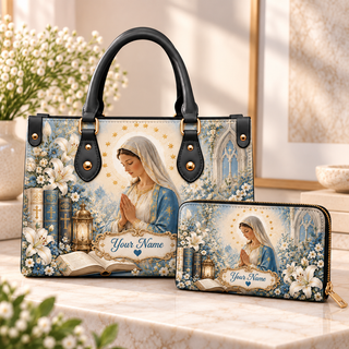 Personalized Blue Floral Portrait PU Leather Handbag & Leather Long Wallet