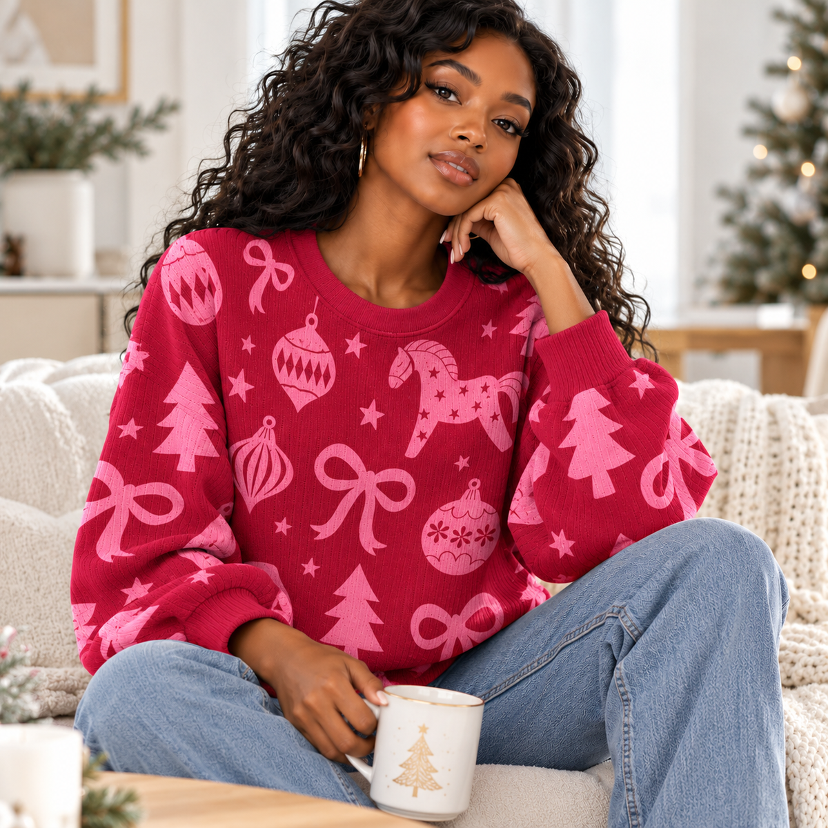 Pink Dala Horse Ornaments Waffle Sweatshirt