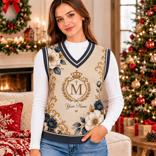 Personalized Crown Floral Monogram Knitted V-Neck Vest