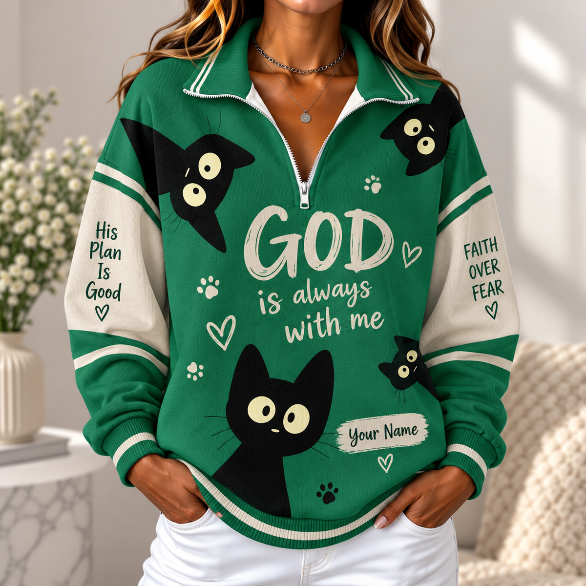 Personalized Black Cat Women's Half-zip Sweatshirt NWY076