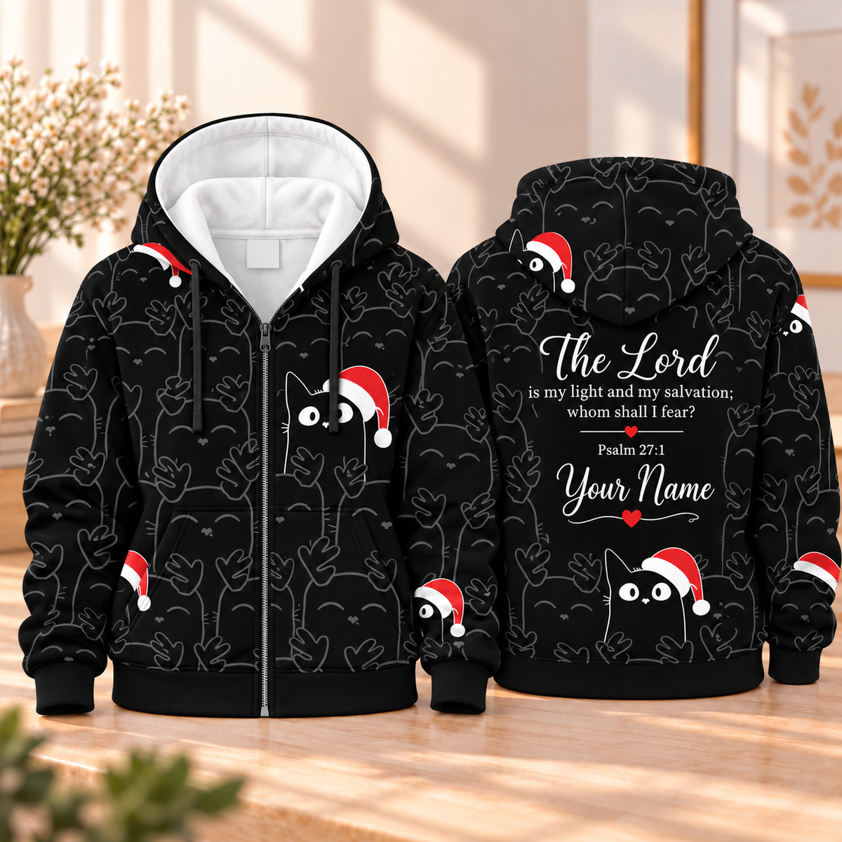 Personalized Santa Hat Black Cat Zip Hoodie