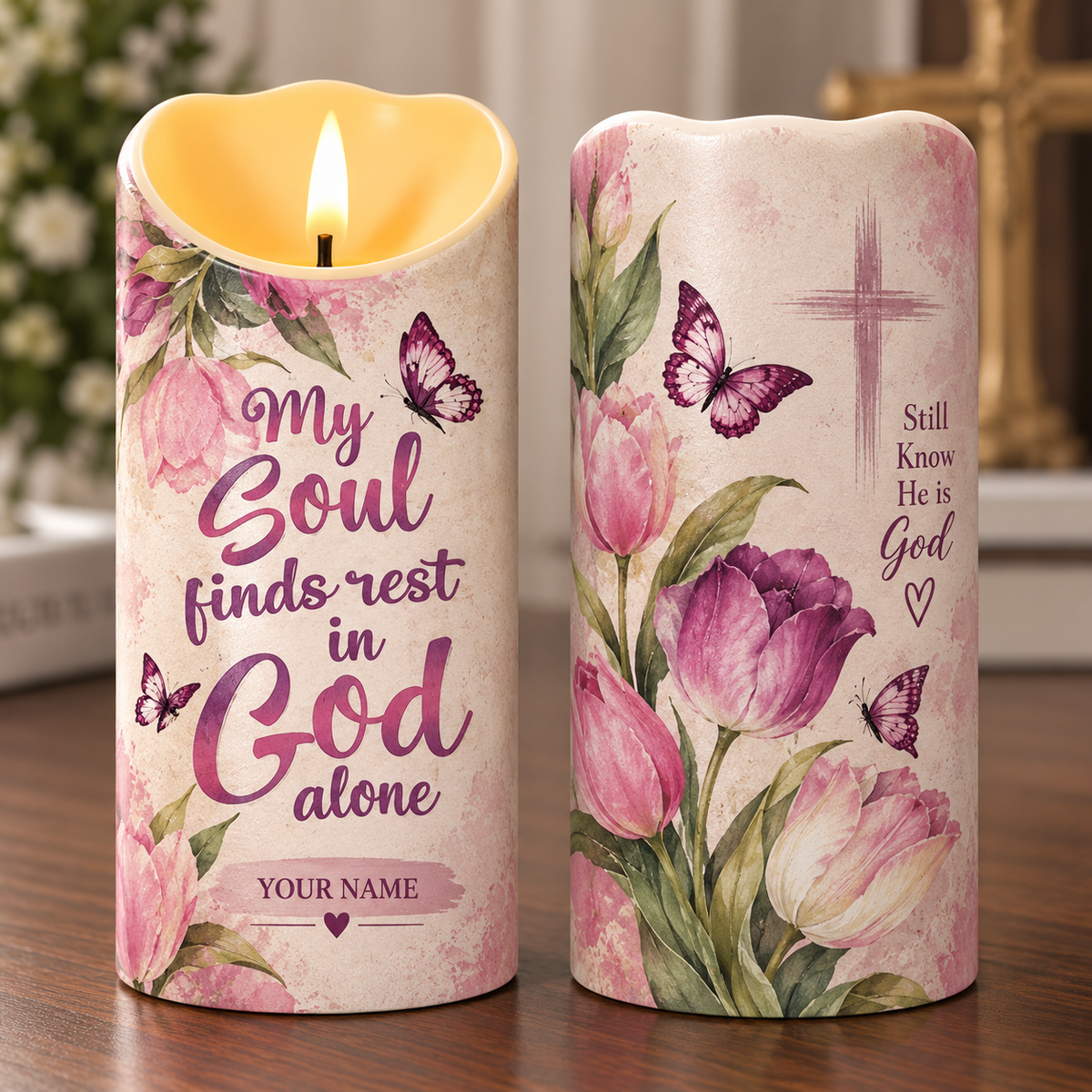 Personalized Tulip Butterfly Flameless LED Candle