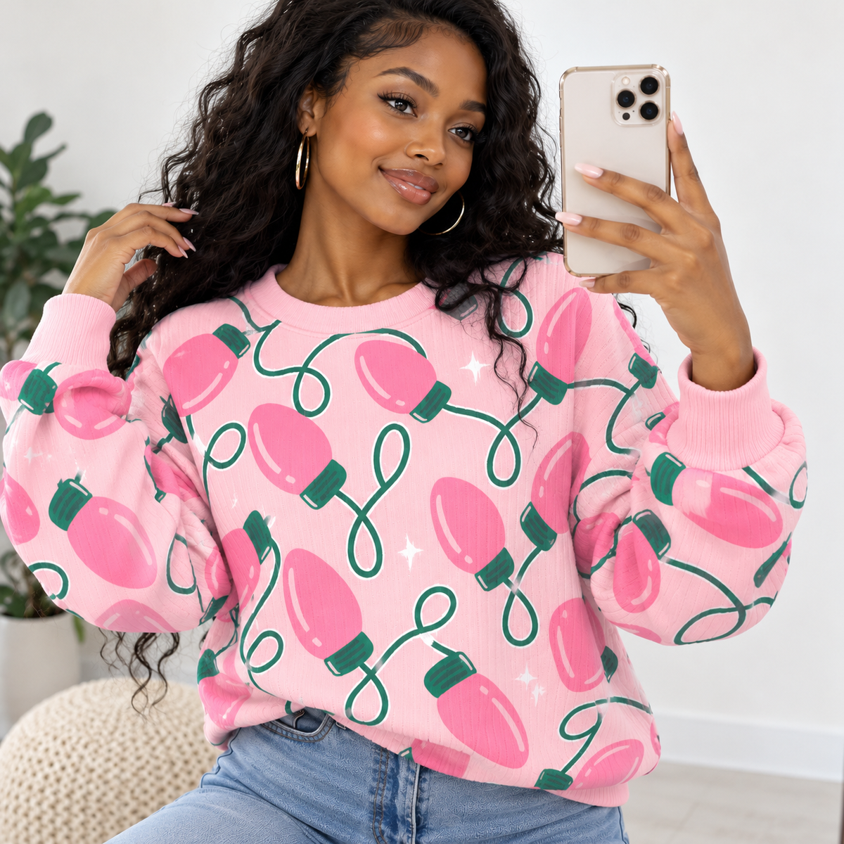 Pink String Lights Waffle Sweatshirt