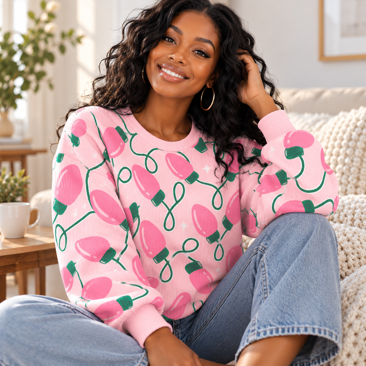 Pink String Lights Waffle Sweatshirt