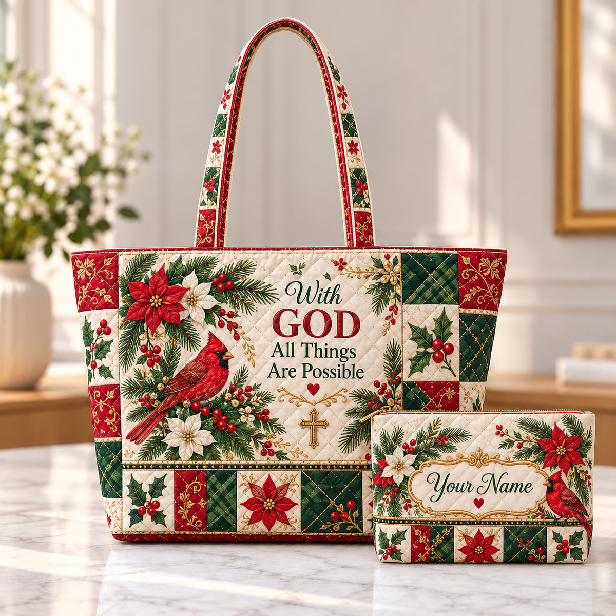 Personalized Red Cardinal Quilted Shoulder Bag & Storage Bag