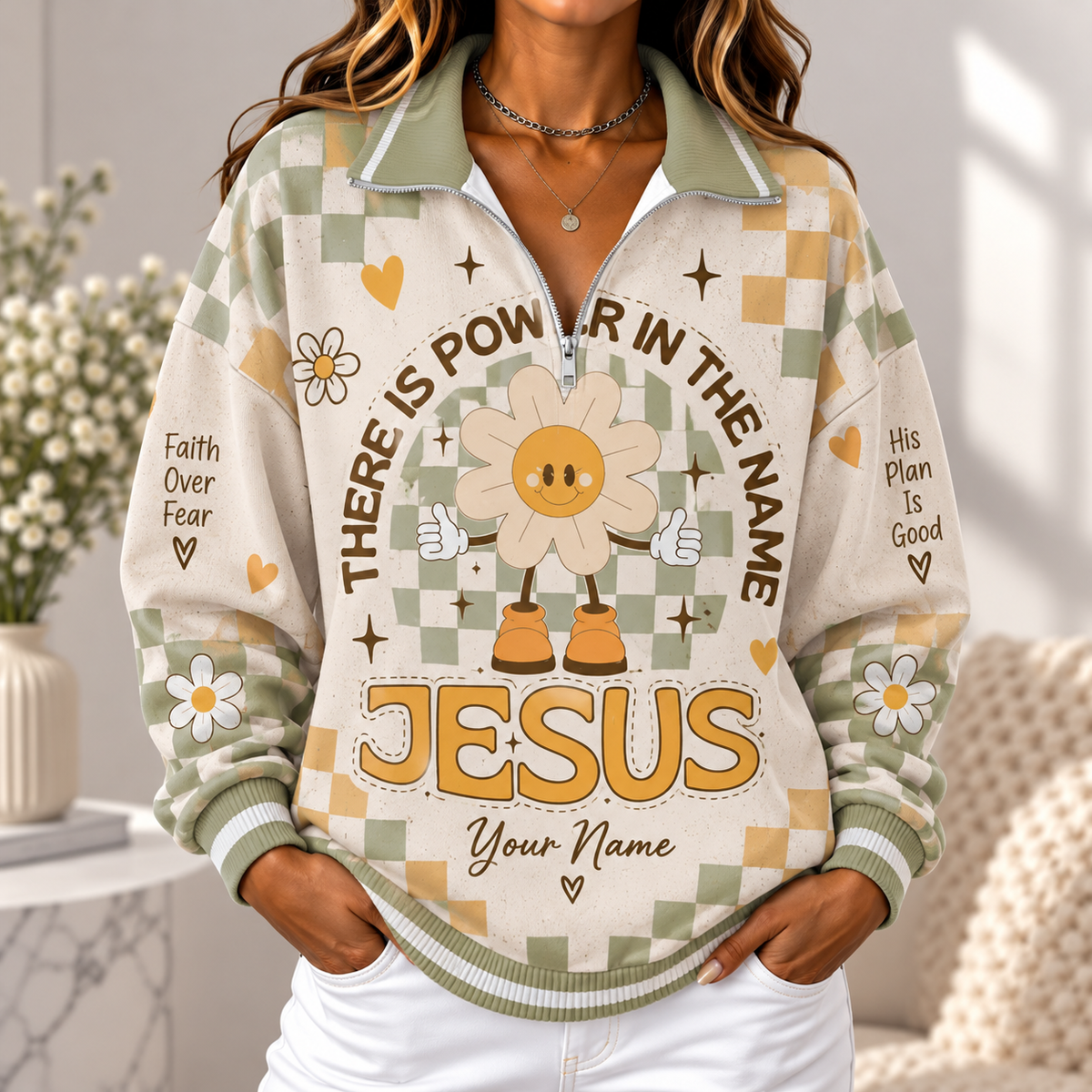Personalized Smiling Daisy Women's Half-zip Sweatshirt NWY076
