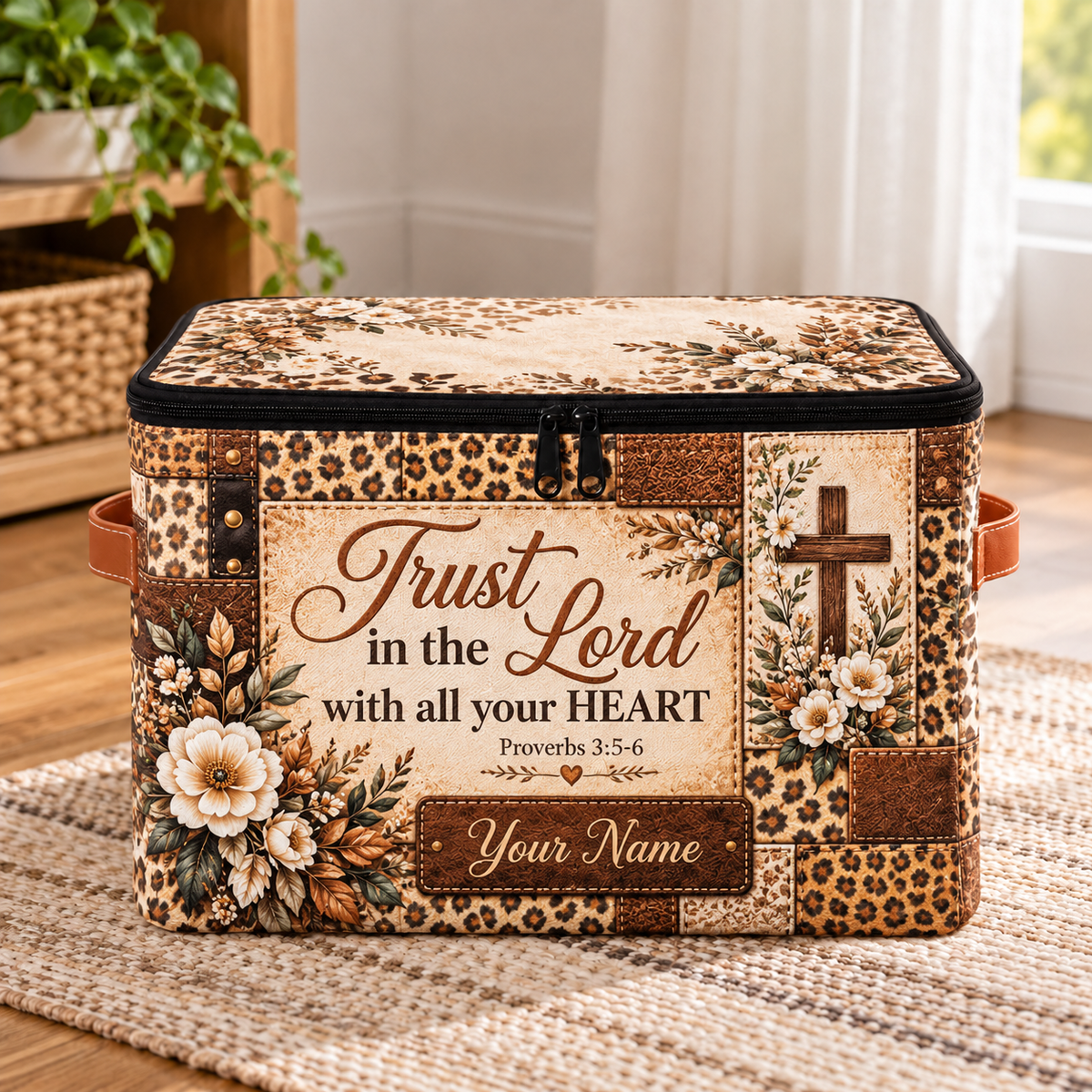 Personalized Leopard Floral Square Storage Basket With Lid