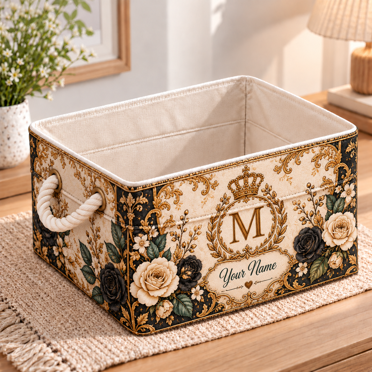 Personalized Black Cream Rose Monogram Storage Basket