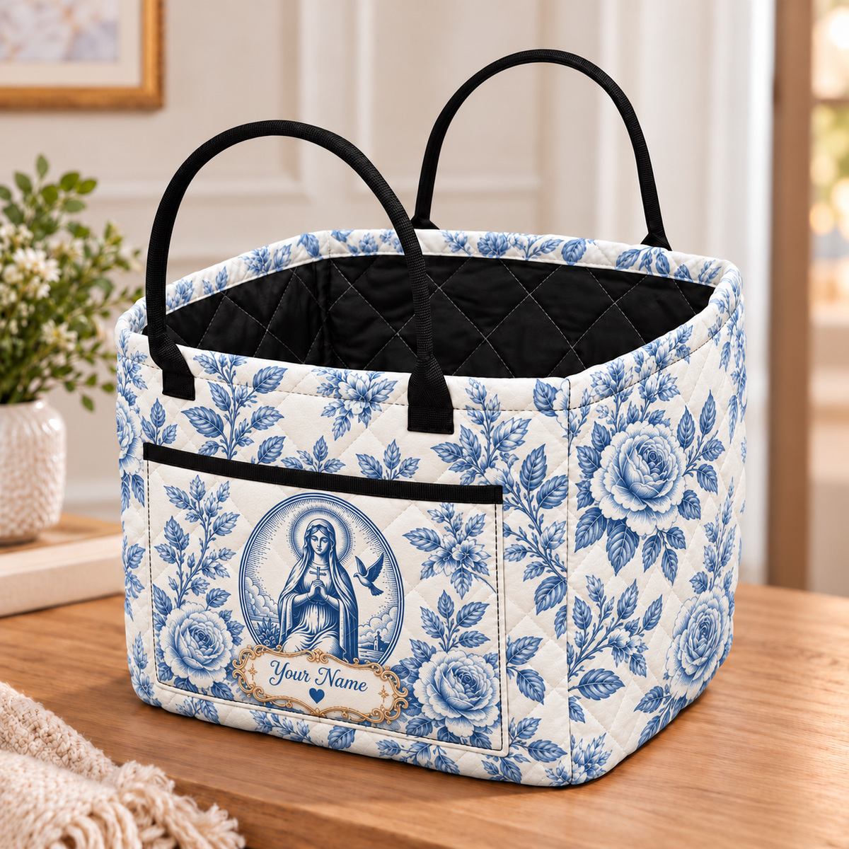Personalized Blue Rose Quilted Storage Basket