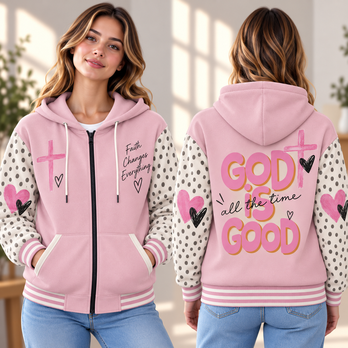 Pink Polka Dot Hearts Zip-up Baseball Jacket
