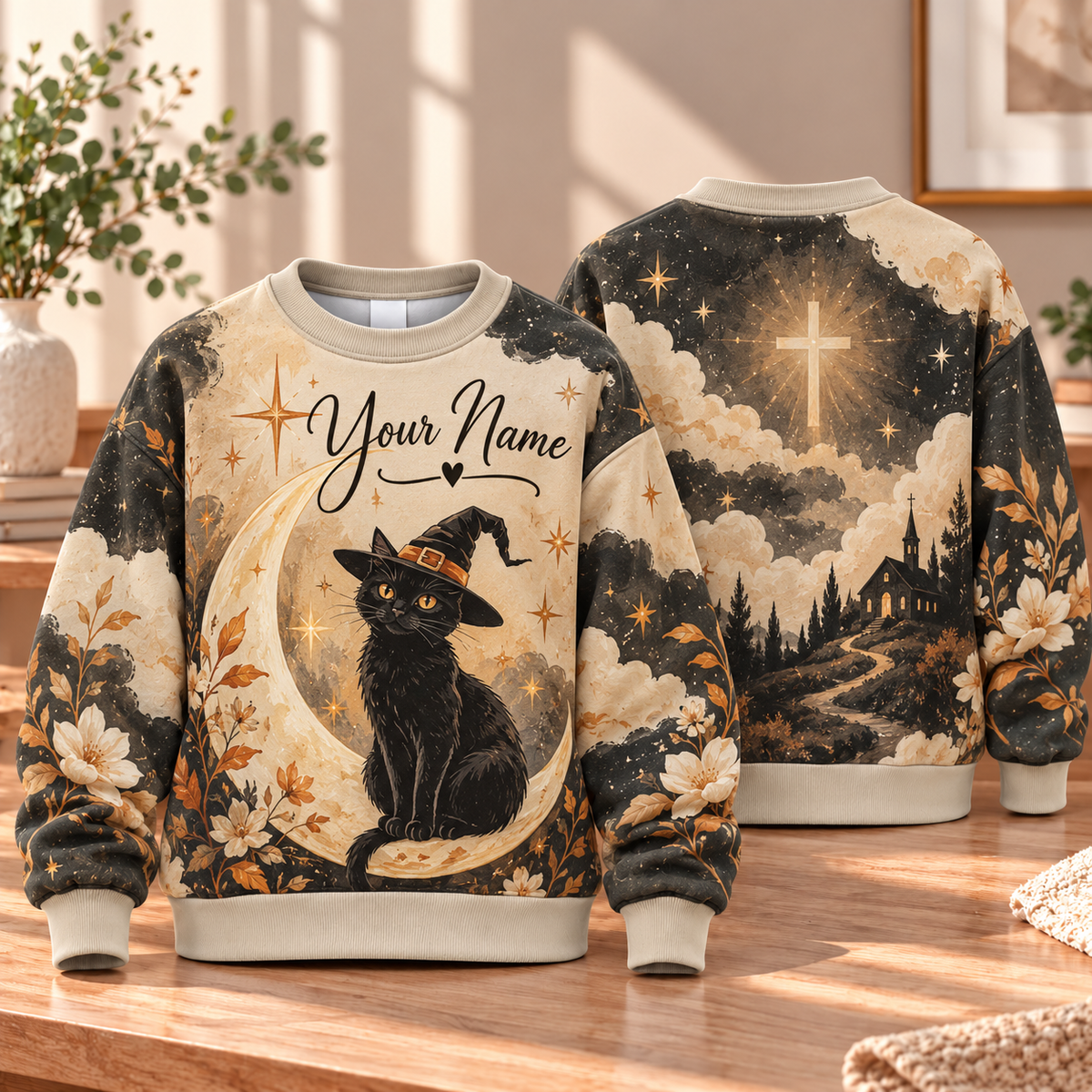 Personalized Crescent Moon Black Cat Sweatshirt