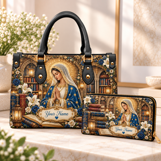 Personalized Blue Rose Library Portrait PU Leather Handbag & Leather Long Wallet