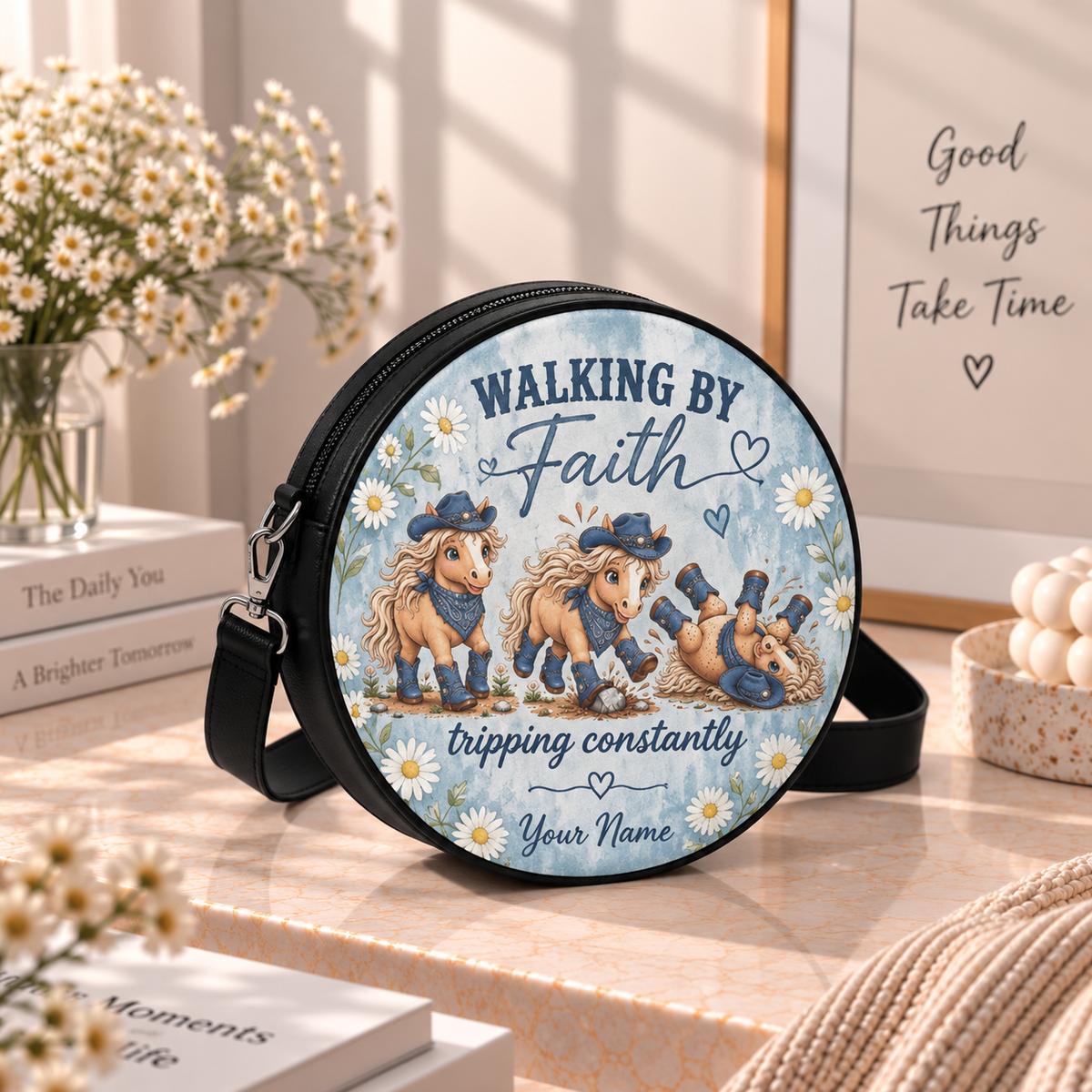 Personalized Cowgirl Horses Walking by Faith Leather Round Bag