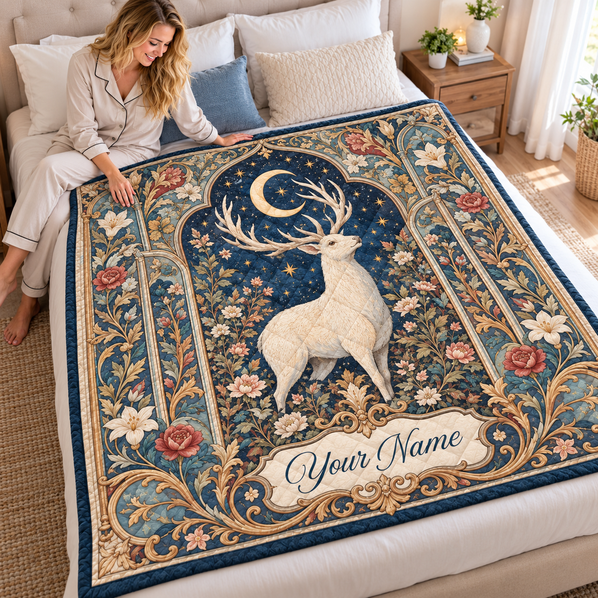 Personalized Moonlit White Stag Quilt