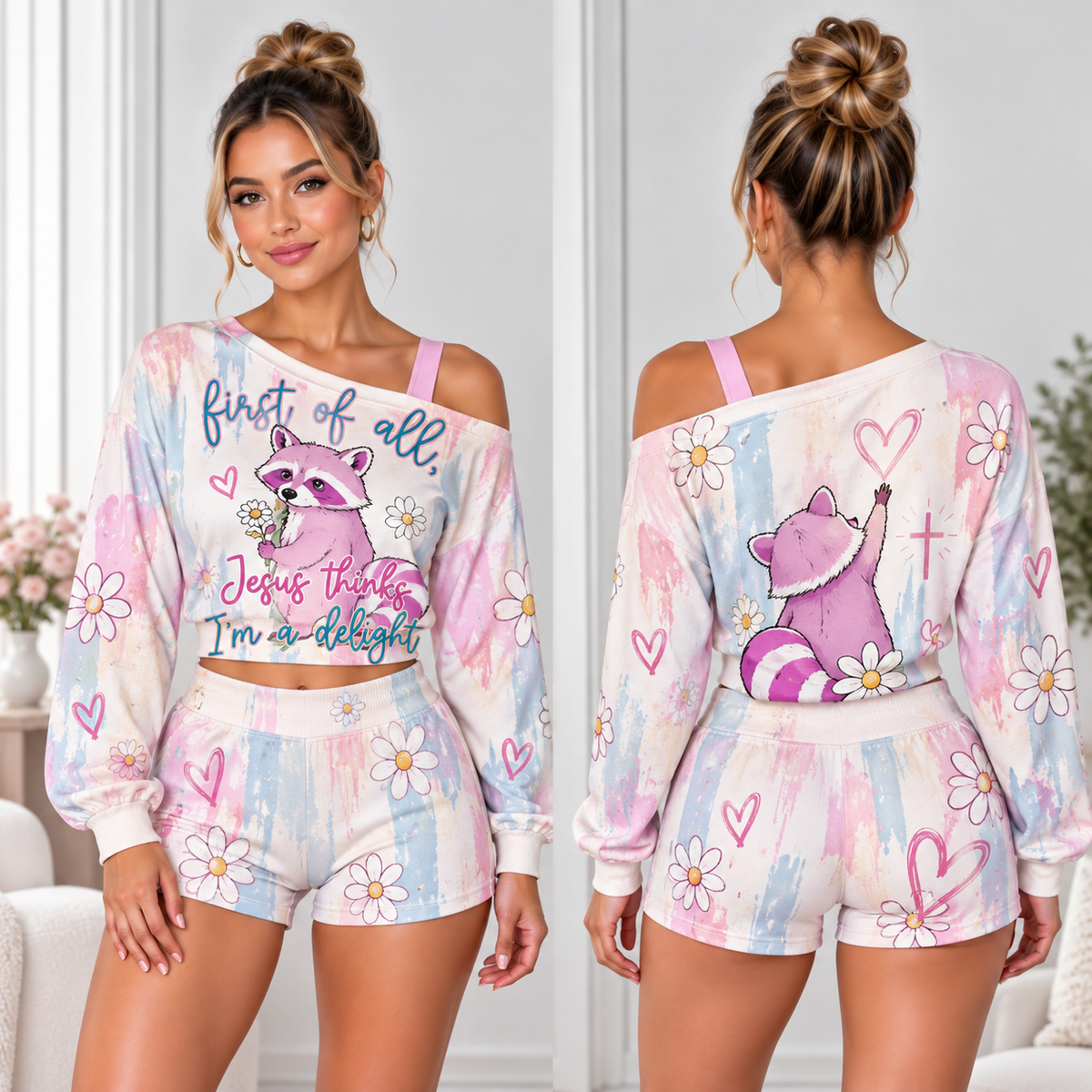 Jesus Thinks I'm A Delight One-Shoulder Top And Shorts Set