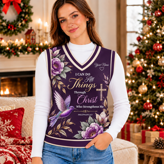 Personalized Purple Hummingbird Floral Knitted V-Neck Vest