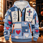Personalized Blue Heart Patchwork Half-Zip Hoodie
