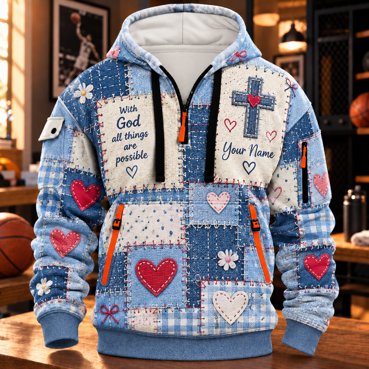 Personalized Blue Heart Patchwork Half-Zip Hoodie