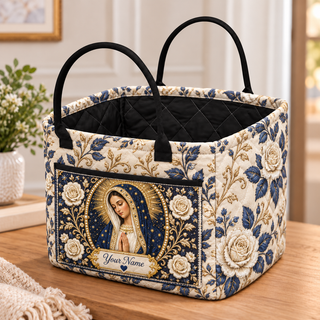 Personalized Ivory Rose & Navy Quilted Storage Basket