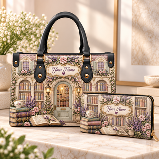 Personalized Lavender Rose Bookshop PU Leather Handbag & Leather Long Wallet