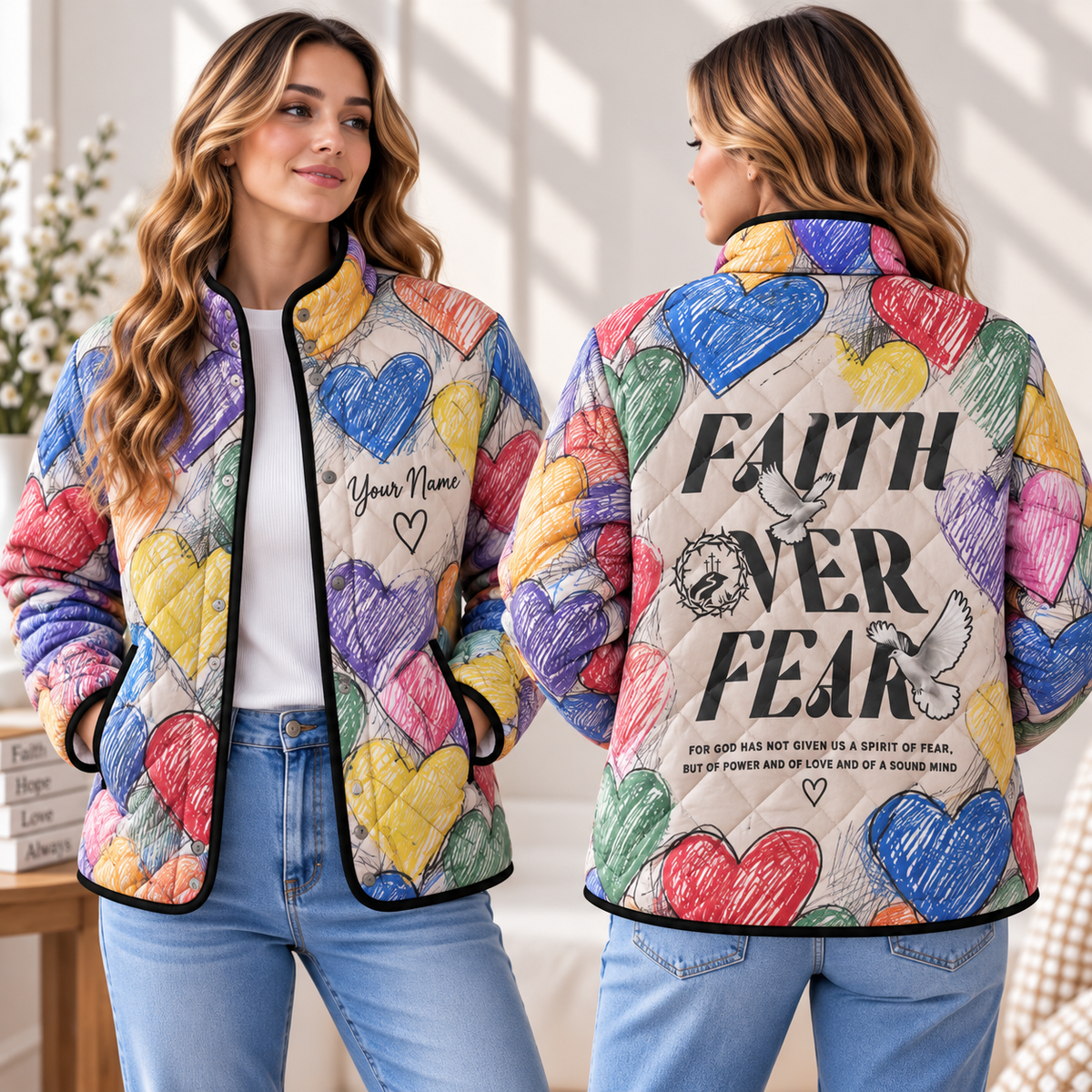 Personalized Faith Over Fear Heart Quilted Jacket