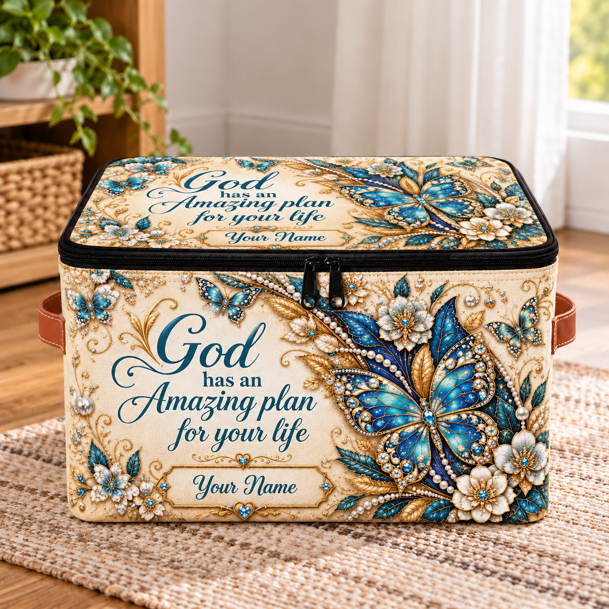 Personalized Teal Butterfly Square Storage Basket With Lid