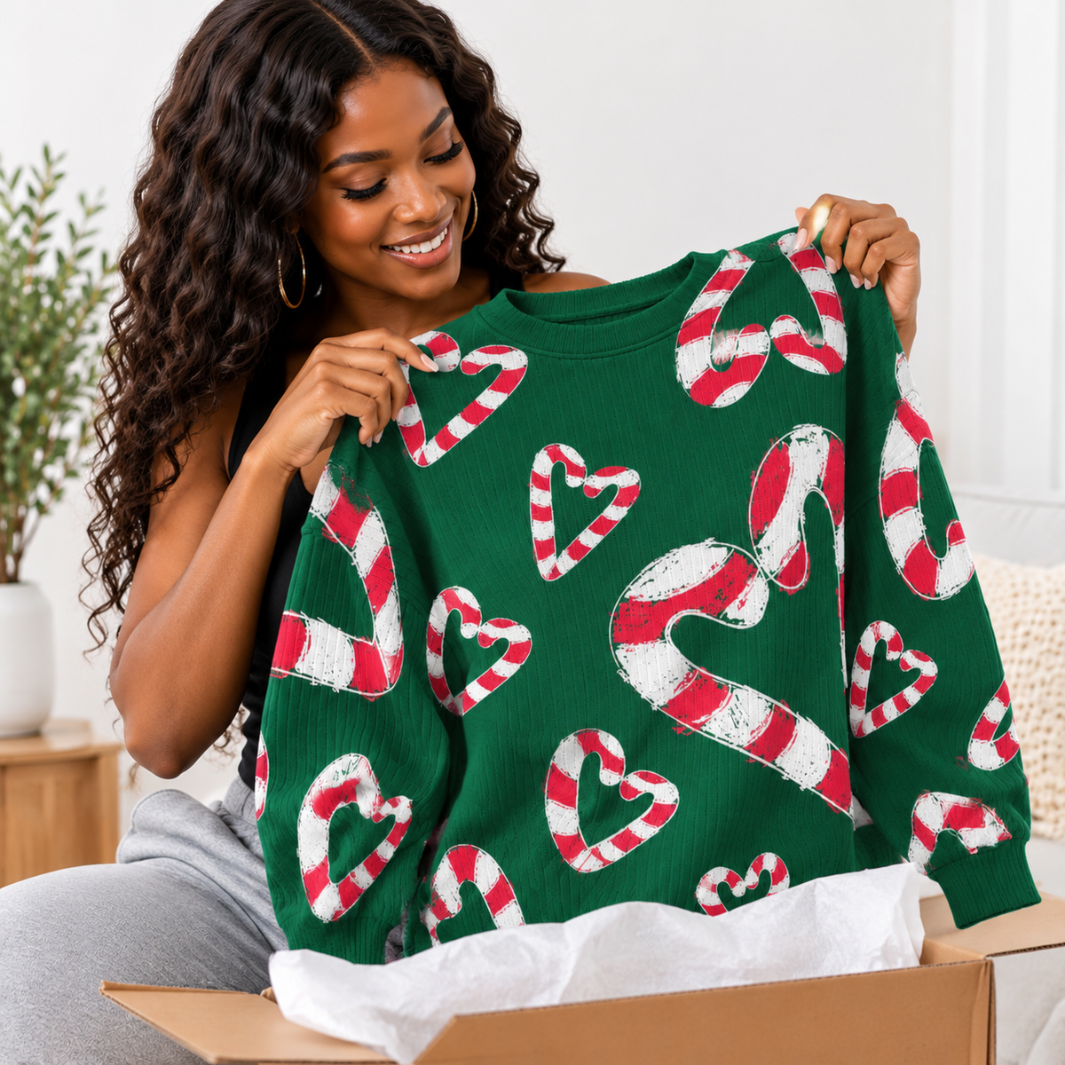 Green Candy Cane Hearts Waffle Sweatshirt