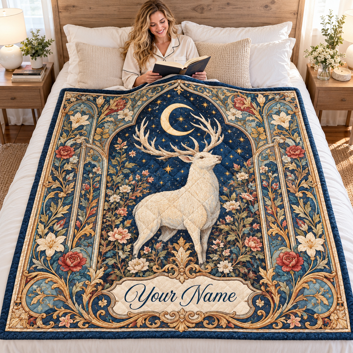 Personalized Moonlit White Stag Quilt