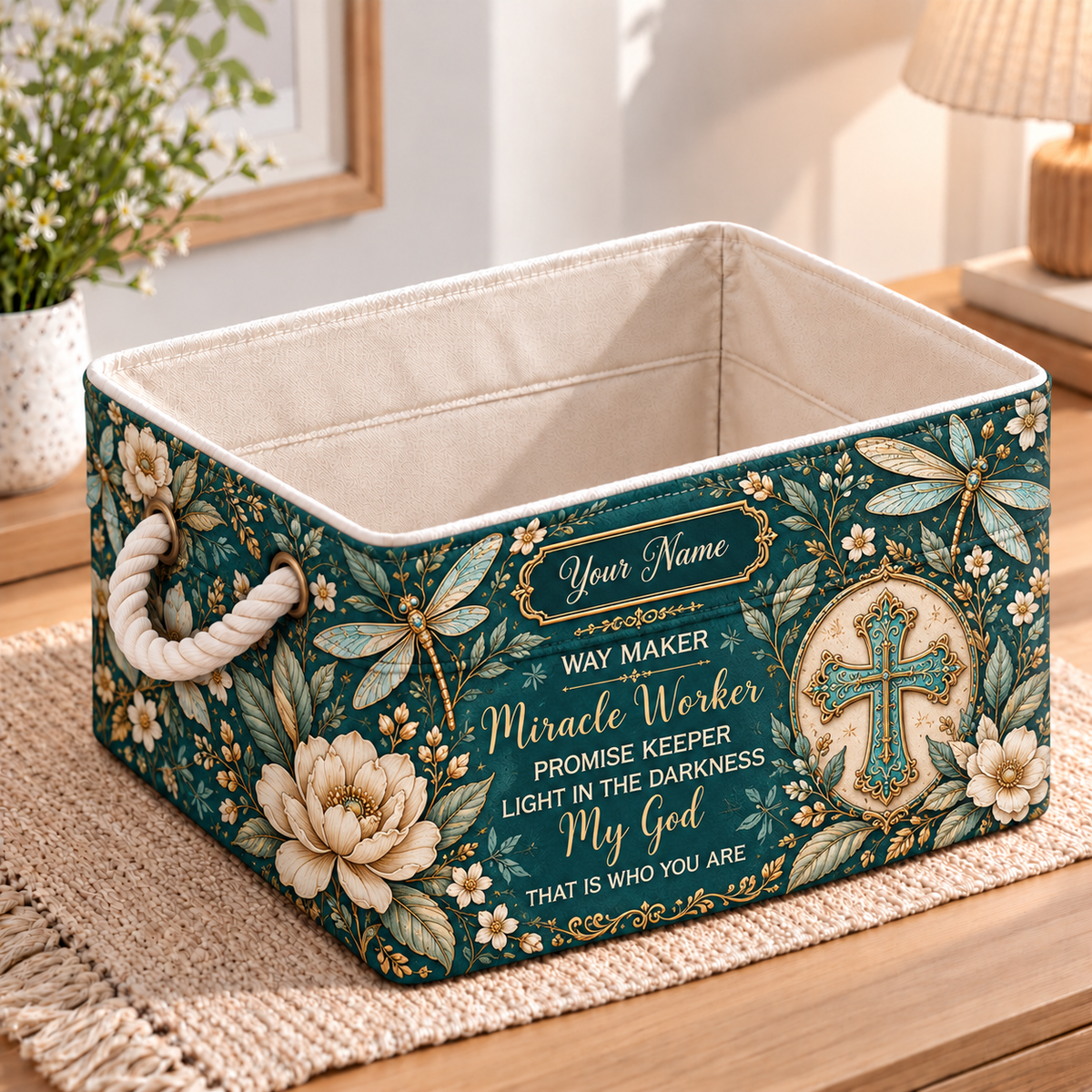 Personalized Teal Dragonfly Floral Storage Basket