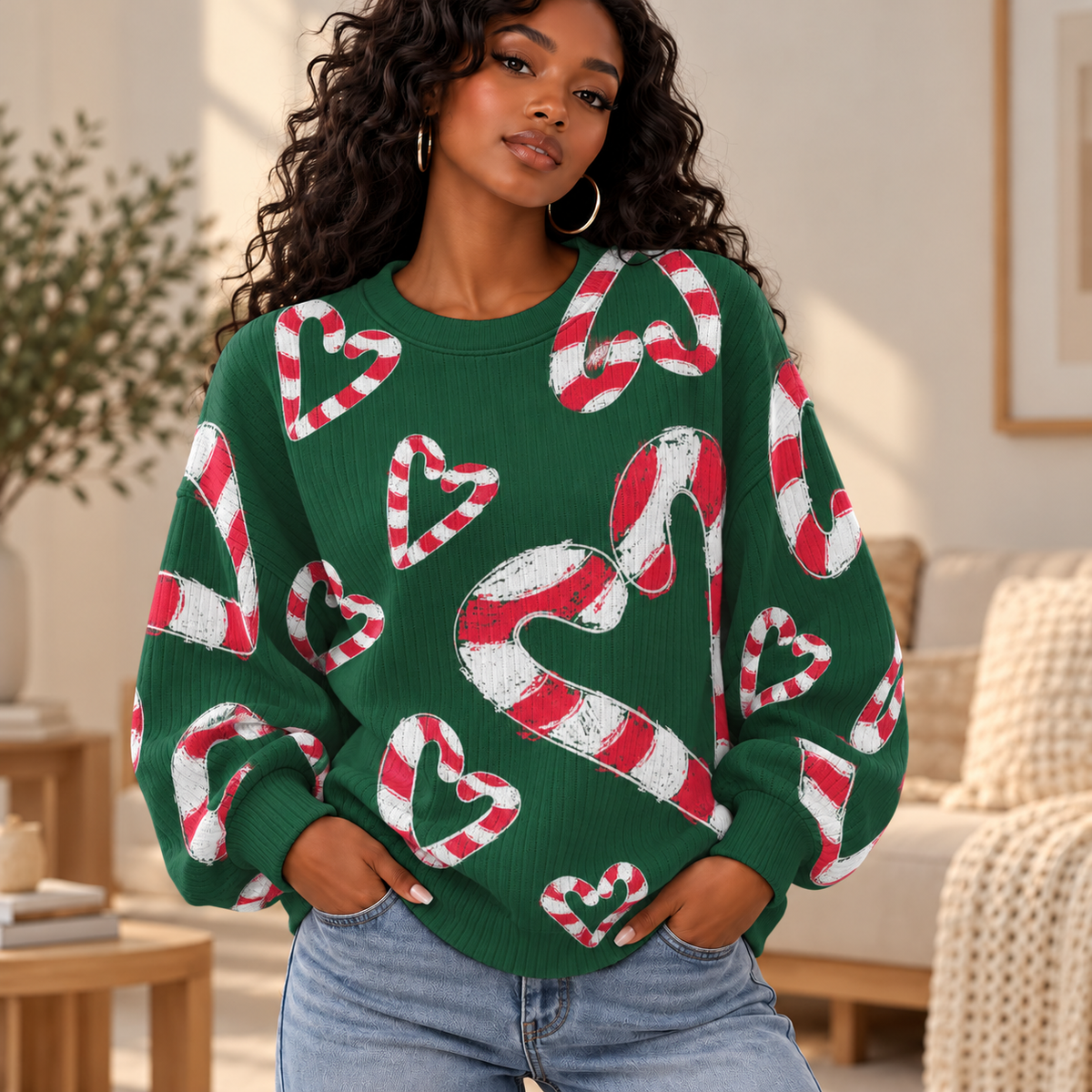 Green Candy Cane Hearts Waffle Sweatshirt