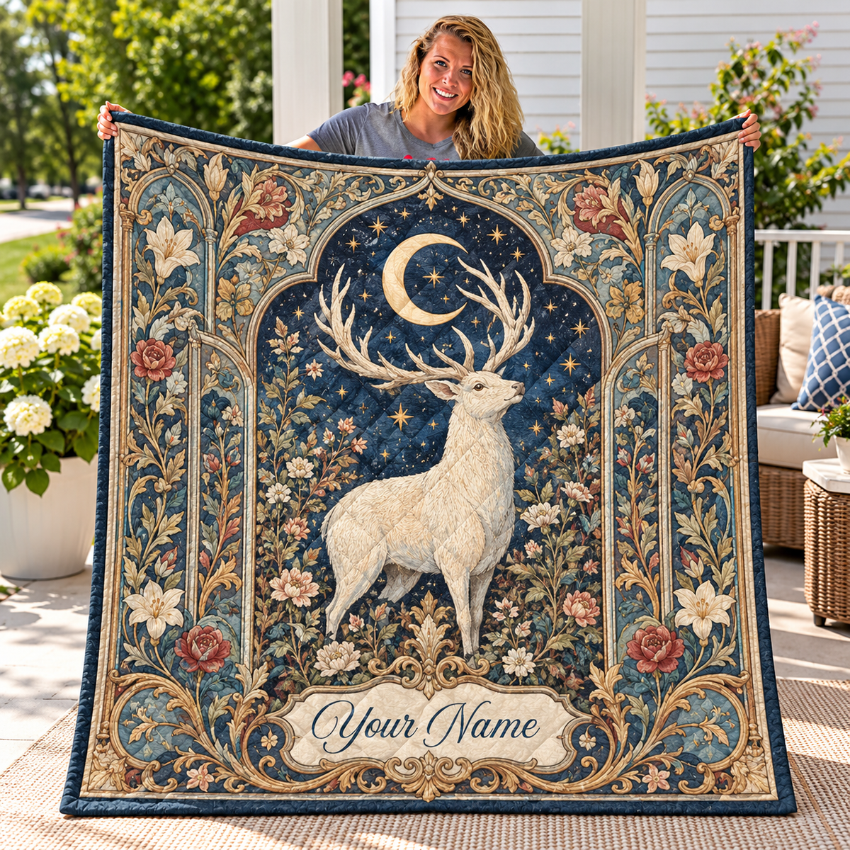 Personalized Moonlit White Stag Quilt