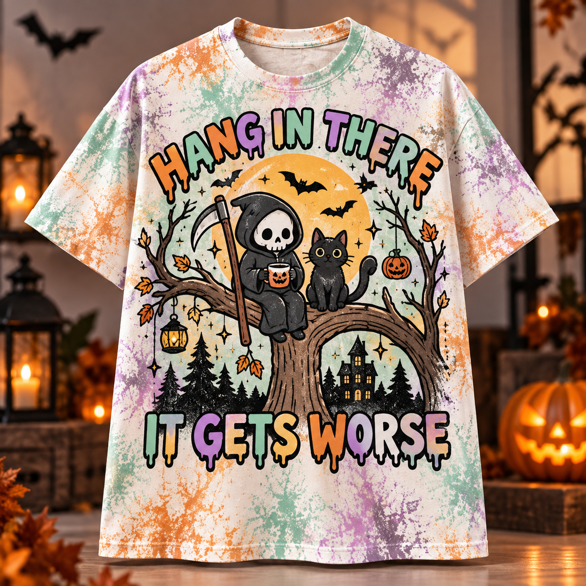 Hang in There It Gets Worse Reaper Cat T-Shirt